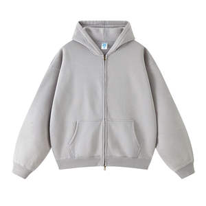 2025 rue recadrée Fit 350gsm coton français éponge sweat à capuche zippé lourd uni fermeture éclair Vintage lavage à l'acide sweats à capuche en détresse - Product Image 2