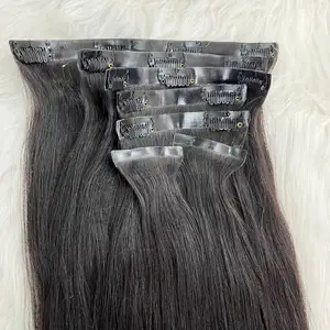 Venta al por mayor de alta calidad de color negro sin costuras Clip en 20 pulgadas extensiones de cabello humano Yaki recto sin costuras Clip en extensiones de cabello