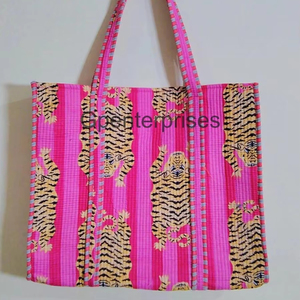 Indian Tiger Print Handmade Cotton Womens Shopping Tote Bag Hand Block Printed Quilted Shoulder Bag Stylish Fashion Accessory - Product Image 1