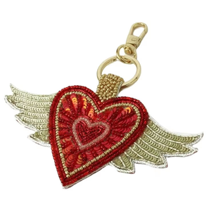 Porte-clés de luxe en cristal perlé avec broderie en forme de cœur volant, en quartz rose, écologique, fait à la main, accessoire pour sac - Product Image 1