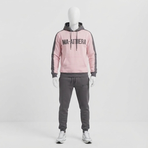 Conjunto Deportivo para Hombre, Sudadera con Capucha Rosa y Gris, Mangas con Rayas en Contraste, Pantalones Deportivos, Ropa Deportiva Informal para Gimnasio y Entrenamiento - Product Image 1