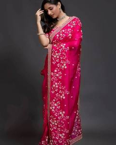 Dernier modèle de sari indien en organza pour femmes, de qualité supérieure, pour les fêtes et les mariages, avec de belles broderies, non cousu, lavable - Product Image 4