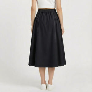 Jupe skater décontractée kaki pour femme avec taille élastique, design évasé, longueur midi, matière polyester/coton - Product Image 5