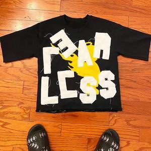 Applique personnalisée lettre brodée Patchwork Logo hommes t-shirt graphique en détresse Vintage lourd surdimensionné unisexe T-Shirts - Product Image 1