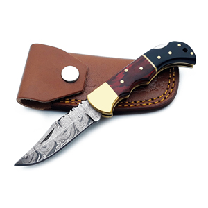 Handmade Damascus Steel EDC Pocket <b>Knife</b> Red Black Pakka Wood Back <b>Lock</b> Folding <b>Knife</b> with Leather Sheath for Outdoor Camping - Product Image 4