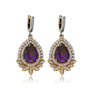 Pendientes colgantes de piedra CZ de amatista con diseño de forma de pera auténtica otomana, joyería de plata al por mayor hecha a mano turca - Product Image 1