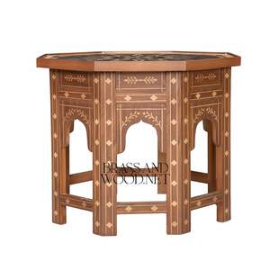 Mesa Auxiliar Octogonal Hecha a Mano con Incrustaciones Geométricas Islámicas y Tallado Intrincado en Madera para Decoración Oriental del Hogar - Product Image 3