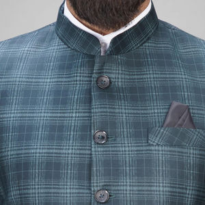 Traje básico de 2 piezas de poliéster con cuello de prohibición de cuadros para hombre, traje largo de ajuste Regular antiarrugas transpirable características Jodhpuri estilo Formal - Product Image 1