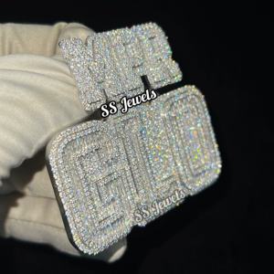 Custom VVS Moissanite Name Bustdown Pendant 925 <b>Silver</b> Rhodium Plated Iced Baguette Rapper Charm <b>Necklace</b> Hip Hop Style Gift - Product Image 3