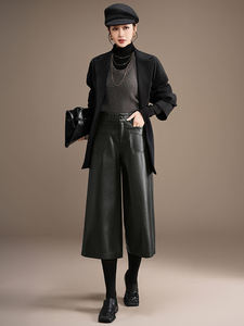 Pantalones Casuales Rectos de Cuero Negro con Cordón para Mujer, Estilo Coreano Holgado y Drapeado para Otoño e Invierno - Product Image 4