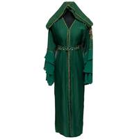 Élégante robe de soirée longue en mousseline verte, style abaya, avec broderies perlées, manches à volants, col à capuche et ourlet évasé, coupe portefeuille