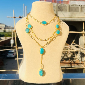 Collar con colgante de capa turquesa de howlita, cabujón ovalado azul, cadena de eslabones chapada en oro, collar largo, Lariat Y estilo - Product Image 2