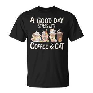 Camiseta promocional con estampado de gato y café: El día bueno comienza con café y gatos - Product Image 1