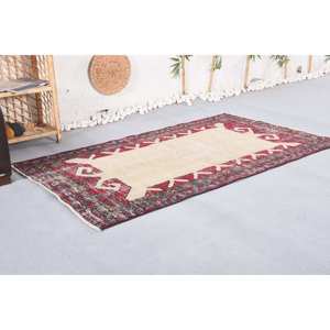 Alfombra de lana Vintage Patchwork rojo y Beige Respetuoso con el medio ambiente Pila media 3,5X5,7 pies para entrada 9x12 Respaldo de látex - Product Image 3