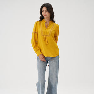 Camicetta Olaesa 2026 da <span class=keywords><strong>Donna</strong></span> a Maniche Lunghe, Collo Alto, Motivo a Pois Svizzeri, Top in Pizzo Giallo, Camicetta Casual Vintage per <span class=keywords><strong>Donna</strong></span> - Product Image 4
