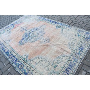 Alfombra Vintage de 6x8.9 pies, Alfombra Turca Grande, Alfombra de Lana a Cuadros Azul y Roja - Product Image 4