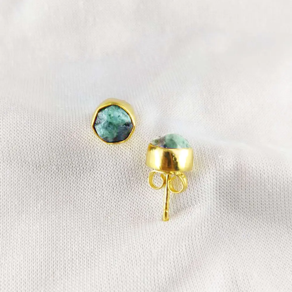 Raw Emerald Stud Earring Gold Plated Collate Set Stone Stud Earring Natural Stone Earring March Birthstone Ear Stud
