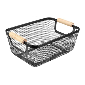 Top Quality Black Metal Wire <b>Basket</b> With <b>Wooden</b> Handles Steel Storage Organizer Bin Containers For Home Organizing Kitchen - Product Image 1
