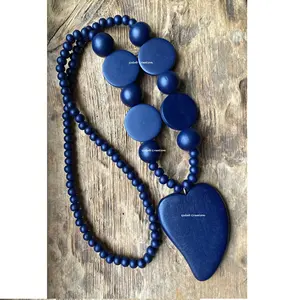 High Quality Fashion Women's Jewelry Chunky Blue Wood Heart Long Statement Boho Lagen look Necklace