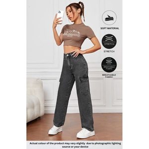 Pantalon cargo en denim gris multi-poches, style rétro vintage, streetwear tendance, écologique, respirant, lavé, taille 26 à 40 - Product Image 2