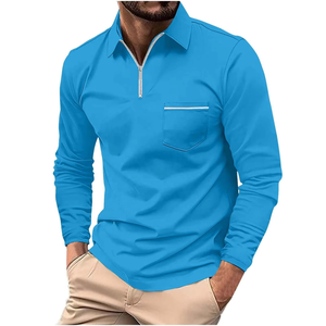 Polo de Manga Larga Azul para Hombre, Color Sólido, Tejido de Punto de Secado Rápido, Estilo Casual, Corte Regular, Diseño con Bolsillo - Product Image 3