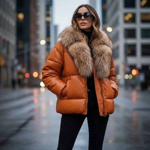 Veste matelassée en cuir véritable à carreaux pour femme avec fermeture éclair et col en fourrure de renard, coupe-vent d'hiver fin style streetwear - Product Image 2