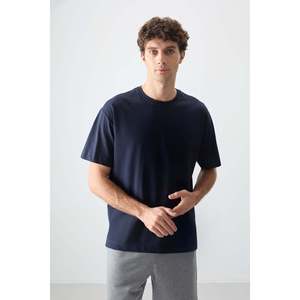T-shirt basique pour homme Air Jones, bleu marine, 100% coton, coupe ample, col rond texturé épais et doux, pour un usage décontracté - Product Image 1