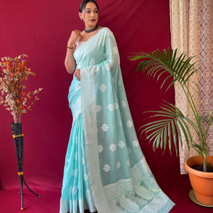 Sari de Seda Georgette Suave Pura UDAAN con Borde Tejido con Hilo de Cobre y Dorado, Pallu Rico, para Fiestas - Product Image 1