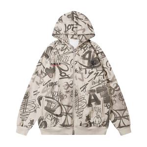 เสื้อฮู้ดซิปสตรีทแวร์ทรงโอเวอร์ไซส์ลายกราฟฟิตี้พิมพ์ทั่วตัวสำหรับผู้ชายจาก Crazy Maker Manufacture - Product Image 1
