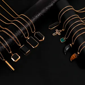 Bijoux plaqué or personnalisés Oeil de tigre noir Onyx Agate vert Turquoise pendentif à breloque pierre naturelle collier de pierres précieuses simples