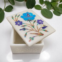 Caja de Joyería de Mármol Blanco Pulido, Rectangular de 4 Pulgadas, Hecha a Mano con Incrustaciones de Piedras Multicolores, HANDICRAFTS INN AB-JB-MB1004
