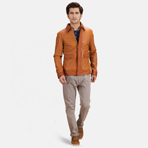 Veste en cuir véritable pour homme, col rabattu, fermeture éclair, couleur unie, style décontracté, vêtement d'automne, imperméable et respirant - Product Image 3