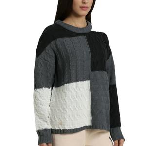 Pull d'hiver décontracté pour femme, tricoté sur mesure, 100 % acrylique, style col rond tendance, polyvalent, color-block - Product Image 3