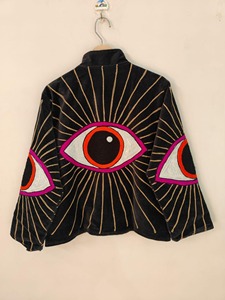 Chaqueta de Terciopelo Negro con Bordado de Ojos, Cuello Mandarín, Manga Farol Tres Cuartos, Estilo Y2K, Ropa de Abrigo Otoñal para Adultos - Product Image 3