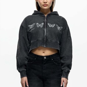 High-Quality Women Washed <b>Cropped</b> <b>Zip</b> Hoodie with Soft Fabric and Relaxed Fit for Casual Wear - Product Image 6