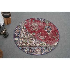 Alfombra turca Vintage, diseño de retales rojo y azul, área grande, Material de lana de 4,1x4,2 pies con respaldo de látex para pasillo y dormitorio - Product Image 1