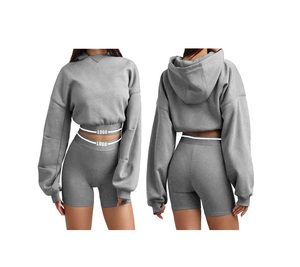Soft and Comfortable <b>Women's</b> Sets Crop Hoodie and <b>Shorts</b> Sets - Stylish Two-Piece Outfit for Everyday Wear - Product Image 2