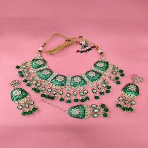 Indian Wedding Faux Pearl Mirror Choker Necklace Set for Girls & Women meena green