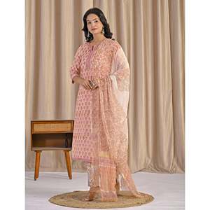 ชุดคุรตะผ้าฝ้ายพิมพ์ลายบล็อกสีครีมสำหรับใส่ทุกวัน แขนสามส่วน พร้อมกางเกง - Product Image 4