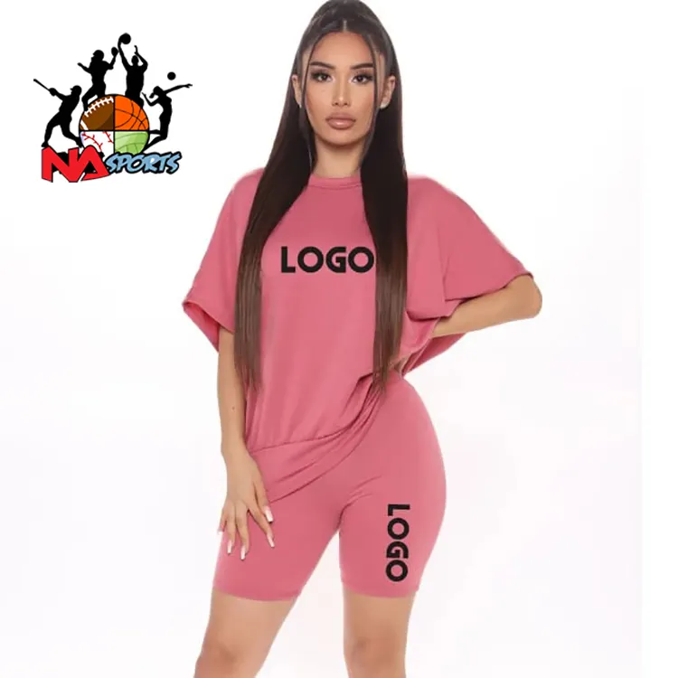 2022 Custom Logo Women Summer Workout Set Short Sleeve T Shirt Biker Shorts Sets Skinny 2 Piece Short Set Women Clothing