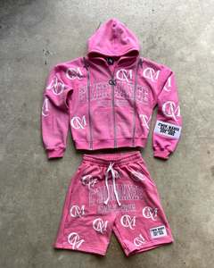 Ropa de calle personalizada Sun Faded Zipper up Summer Chándal Screen Print Vintage Boxy Fit Hoodie y Shorts Set para hombres - Product Image 3