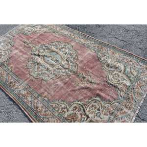 Alfombra clásica de lana hecha a mano rosa y azul, estilo Tabriz turco de 5,1x8,5 pies con respaldo de látex con patrón de retazos para sala de estar - Product Image 4