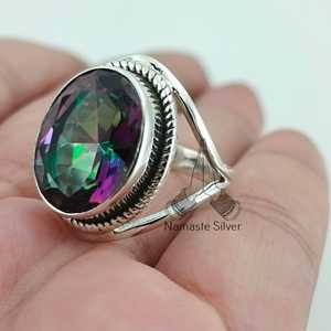 Mystic Topaz Oval Handmade <b>Statement</b> <b>Ring</b> for Women Sterling <b>Silver</b> Gemstone Jewelry Rhodium for Birthday Christmas Gift - Product Image 2