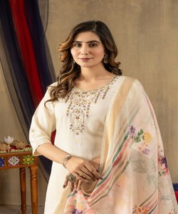 Fil à broder en soie scintillante à la mode, bas KURTA pour travail à la main avec vêtements formels DUPATTA, prix de gros, vêtement ethnique blanc - Product Image 2