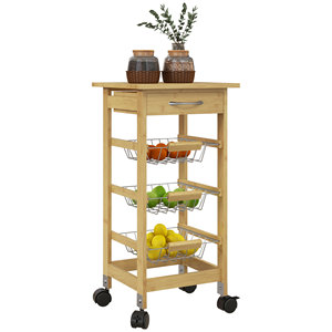 HOMCOM Kitchen Trolley with Wheels, <b>Drawer</b> and 3 Wire Mesh <b>Baskets</b>, 37x37x76cm, Wood Color - Product Image 1