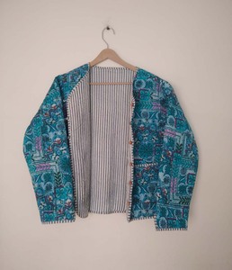 Chaqueta de Algodón Estampada Transpirable y Ecológica para Mujer, Reversible, con Diseño Floral Azul, Estilo Indio, para Otoño e Invierno - Product Image 2