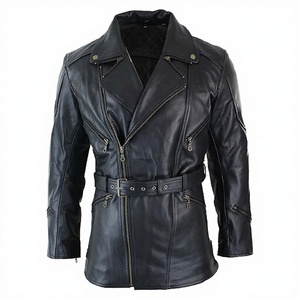 Blouson de motard unisexe noir en cuir véritable avec ceinture, poches zippées, coupe ajustée, style moto, pour automne-hiver, coupe-vent, col rabattable - Product Image 3