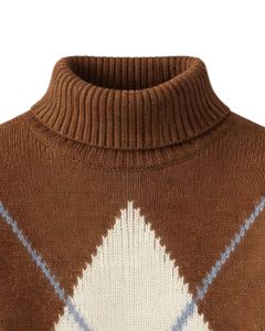 Customized Premium Men Turtleneck Argyle Knit Sweater Soft Warm <b>Cable</b> Sleeve Winter Pullover Casual Fashion Top Brown Blue Color - Product Image 5