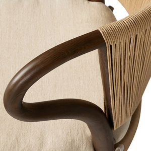 Chaise de salle à manger en bois massif avec accoudoirs incurvés et dossier en corde tressée, siège rembourré pour café et hôtel - Product Image 5