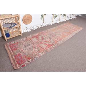 Vintage 2.7x9.6ft Classic Bohemian Geometric <b>Wool</b> Rug <b>Pink</b> Beige Patchwork Design Latex Backing for Hallway Rectangle Room Decor - Product Image 3